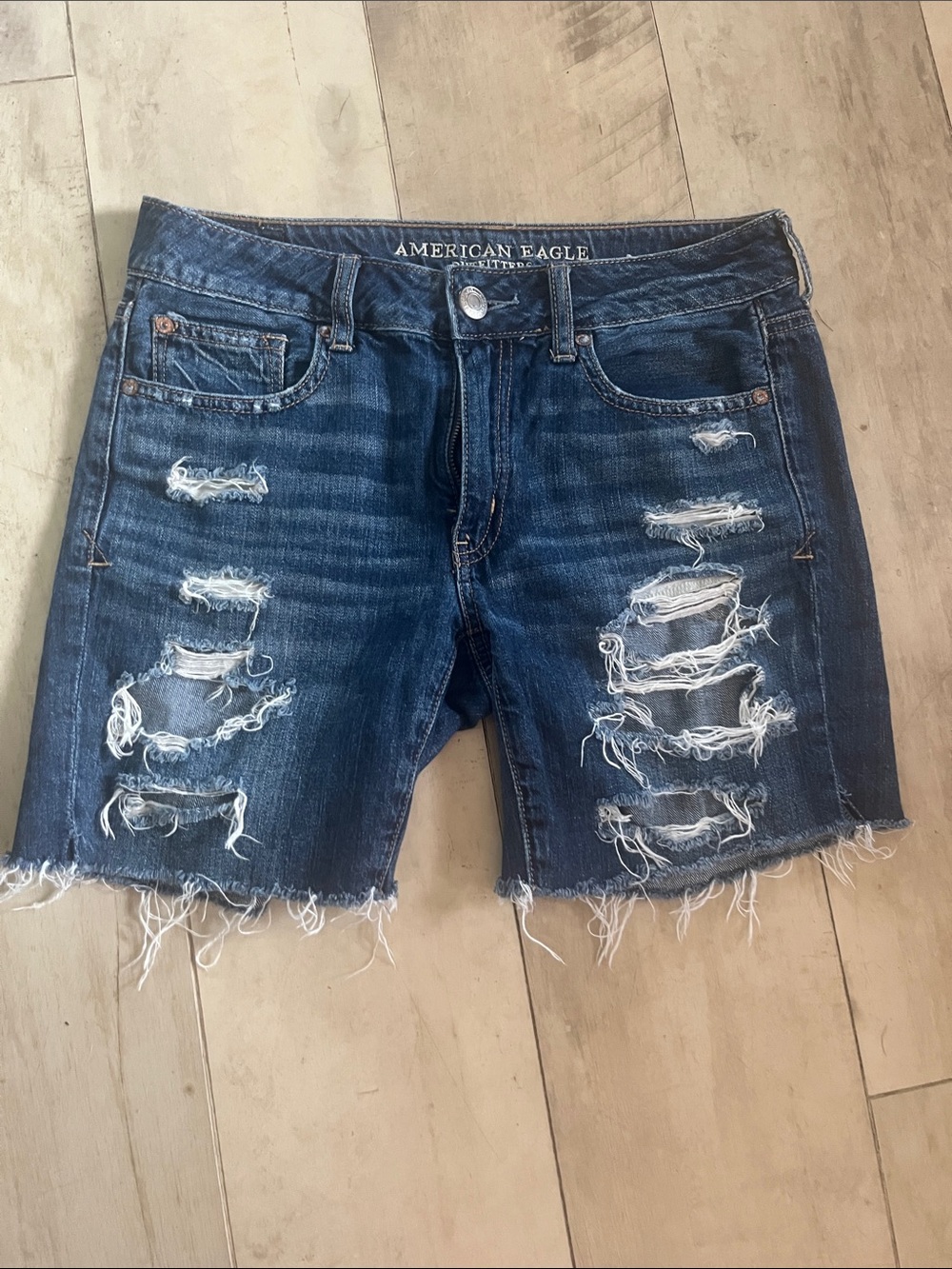 American Eagle Outfitters Dark Blue Distressed Denim Jean Shorts
